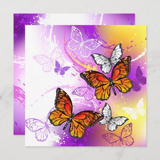 (昆虫)オオカバマダラ、モナーク蝶の背景(紫) ノートカード (正面/裏面)