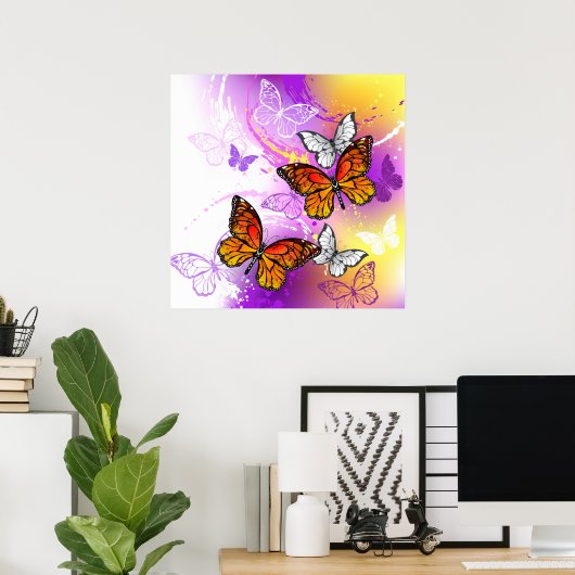 (昆虫)オオカバマダラ、モナーク蝶の背景(紫) ポスター (ホームオフィス)