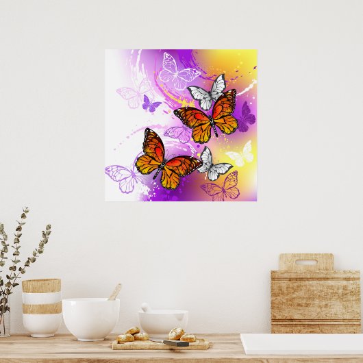 (昆虫)オオカバマダラ、モナーク蝶の背景(紫) ポスター (キッチン)