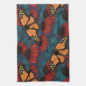 （昆虫）オオカバマダラ、モナーク蝶の赤い円錐花序 キッチンタオル (縦)