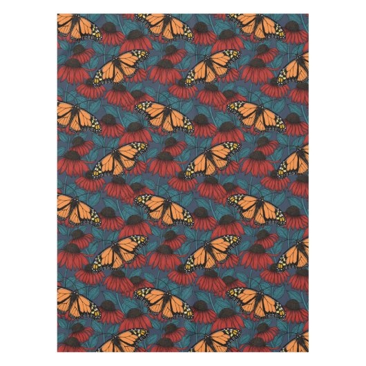 （昆虫）オオカバマダラ、モナーク蝶の赤い円錐花序 テーブルクロス (正面)