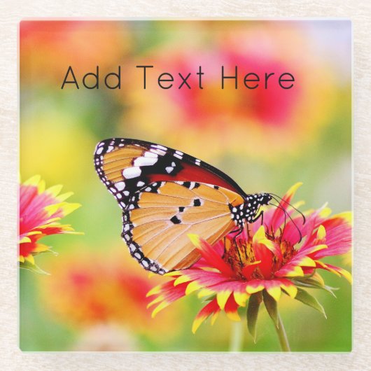 （昆虫）オオカバマダラ、モナーク蝶の赤と黄色の花 ガラスコースター (正面)