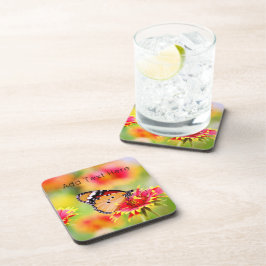 （昆虫）オオカバマダラ、モナーク蝶の赤と黄色の花 コースター