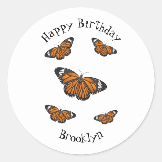 （昆虫）オオカバマダラ、モナーク蝶イラストレーション ラウンドシール (正面)