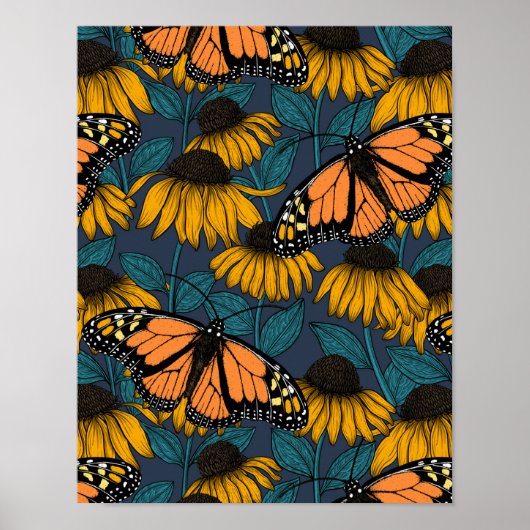 （昆虫）オオカバマダラ、モナーク蝶オンイエローコンフェロー ポスター (正面)