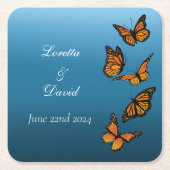 (昆虫)オオカバマダラ、モナーク蝶ブルーグラデーション スクエアペーパーコースター (正面)