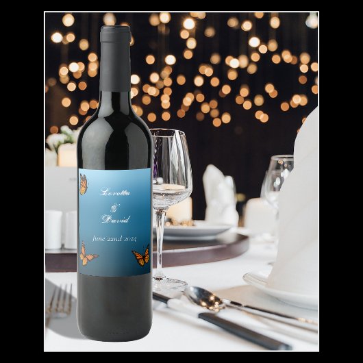 （昆虫）オオカバマダラ、モナーク蝶ブルーグラデーション ワインラベル