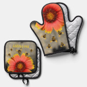 （昆虫）マルハナバチとオレンジガイラディアサンフラワーフローラ 鍋つかみ&鍋敷きセット (正面/裏面)