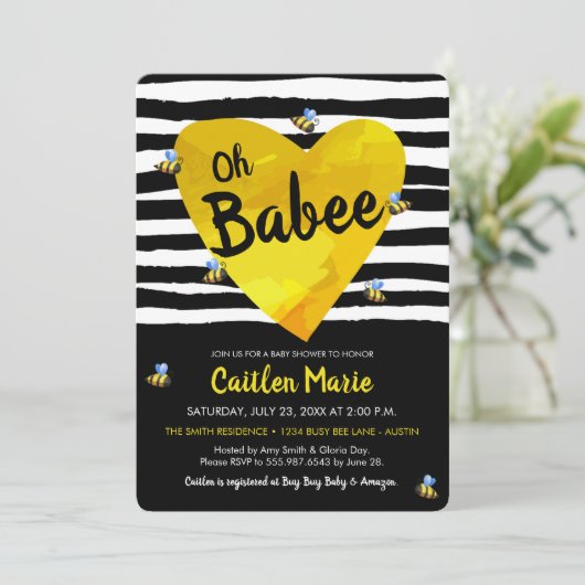 (昆虫)マルハナバチオーバビーイエロー白黒ベビーシャワー 招待状 (スタンド正面)