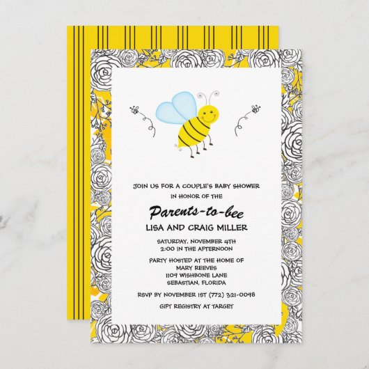 （昆虫）マルハナバチフローラカップルのベビーシャワー 招待状 (正面/裏面)