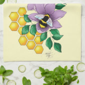 （昆虫）マルハナバチラベンダーフラワーイエロー キッチンタオル (折り畳み)