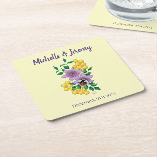 （昆虫）マルハナバチラベンダーフラワーイエロー スクエアペーパーコースター (アングル)