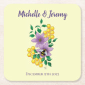 (昆虫)マルハナバチラベンダーフラワーイエロー スクエアペーパーコースター (正面)