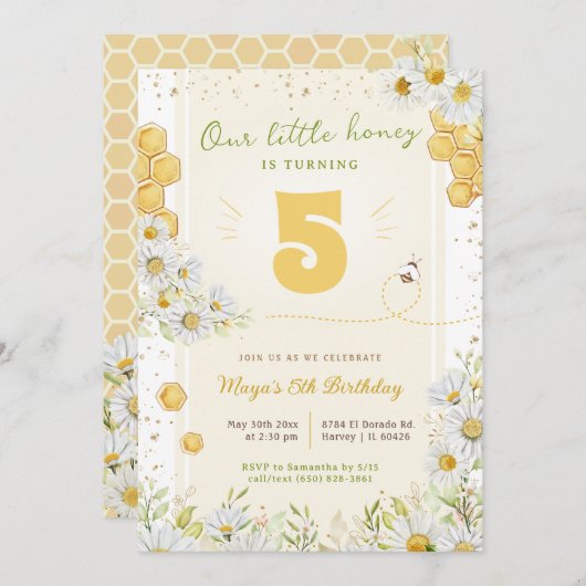 （昆虫）マルハナバチワイルドフラワーバースデーパーティーガールビーデイ 招待状 (正面/裏面)