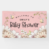 （昆虫）マルハナバチ花模様へようこそ赤ちゃんシャワーピンクバン 横断幕 (横)