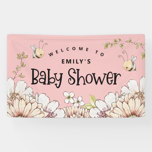 （昆虫）マルハナバチ花模様へようこそ赤ちゃんシャワーピンクバン 横断幕 (横)