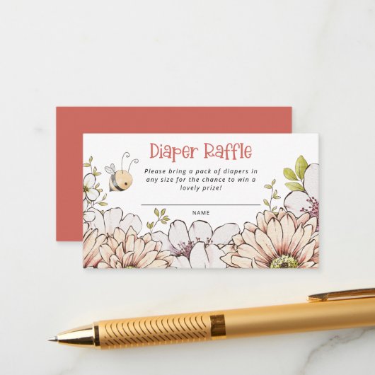 （昆虫）マルハナバチ花模様コーラルベビーシャワーおむつラッフル エンクロージャーカード (正面/裏面インサイチュ)