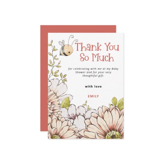 （昆虫）マルハナバチ花模様コーラルベビーシャワー サンキューカード (正面/裏面インサイチュ)