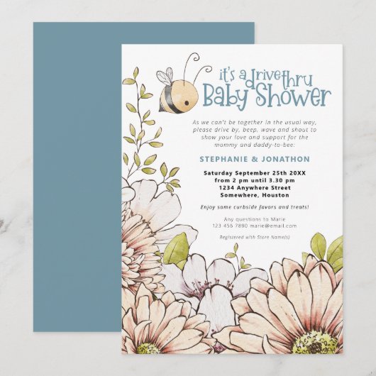 （昆虫）マルハナバチ花模様ティール（緑がかった色）ドライブスルーベビーシャワー 招待状 (正面/裏面)