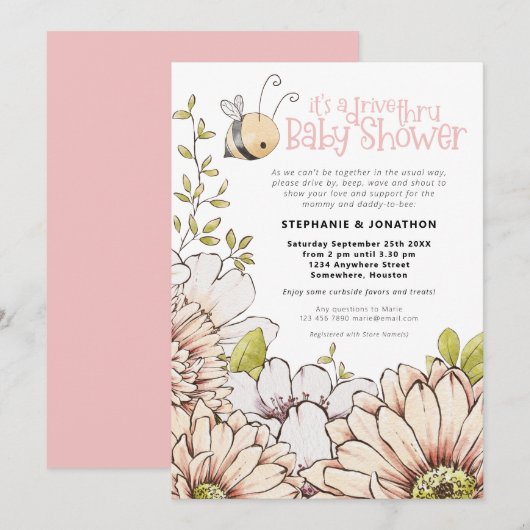 （昆虫）マルハナバチ花模様ドライブスルーベビーピンクシャワー 招待状 (正面/裏面)