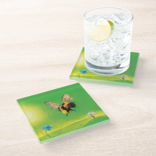 (昆虫)マルハナバチ飛んでいるオーバー牧草地 ガラスコースター (アングル)