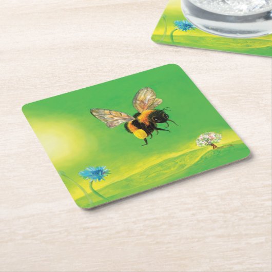 (昆虫)マルハナバチ飛んでいるオーバー牧草地 スクエアペーパーコースター (アングル)
