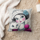 明お洒落るいピンクの頬の若い女の子と彼女の猫 クッション (ブランケット)