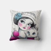 明お洒落るいピンクの頬の若い女の子と彼女の猫 クッション (裏面)