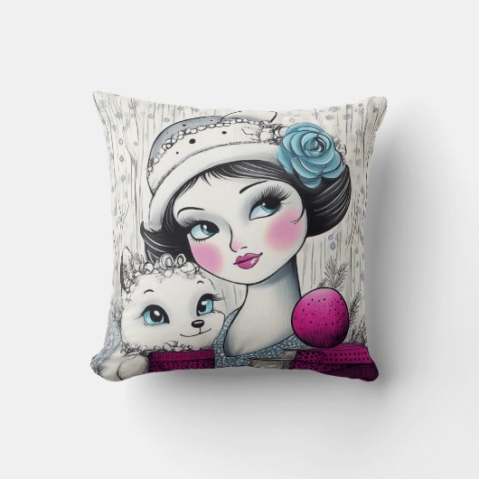 明お洒落るいピンクの頬の若い女の子と彼女の猫 クッション (正面)