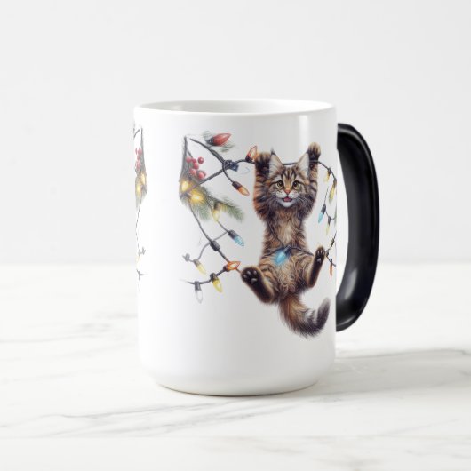 明かりから出るぶら下がったかわいい茶色のタビー猫 モーフィングマグカップ (正面右)
