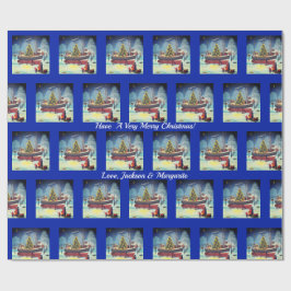 明かりと雪がついたクリスマスボート ラッピングペーパー