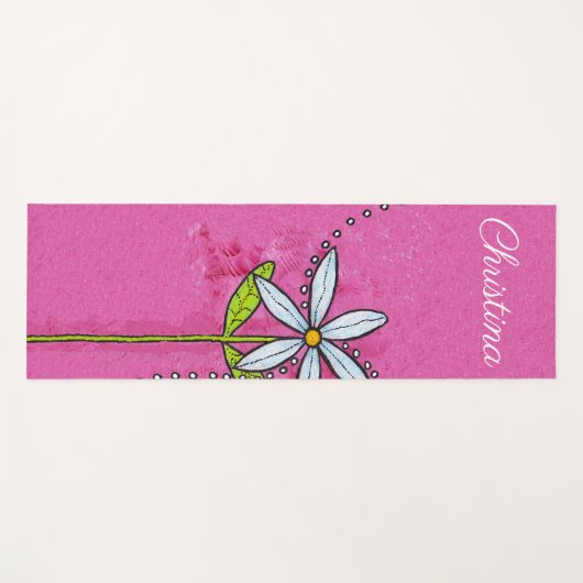 明かわいらしるい白デイジーグリ葉ーンステムピンク ヨガマット (正面(横))