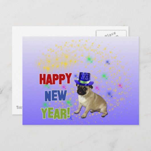 明けましておめでとうのパグの郵便はがき シーズンポストカード (正面/裏面)