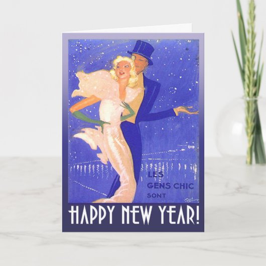 明けましておめでとうのヴィンテージのアールデコのカップル シーズンカード (正面)