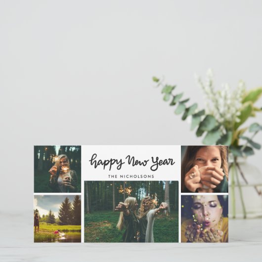 明けましておめでとうの手書きの5つの写真の休日 シーズンカード (スタンド正面)