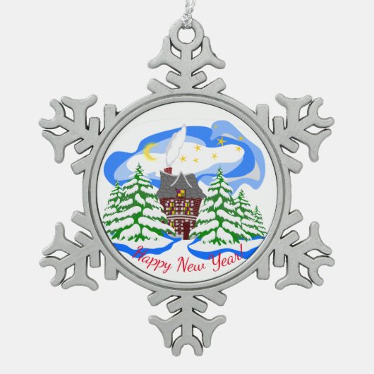 明けましておめでとうの挨拶 スノーフレークピューターオーナメント (正面)