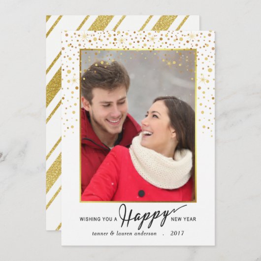 明けましておめでとうの金ゴールドのグリッターの紙吹雪の休日の写真 シーズンカード (正面/裏面)