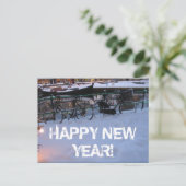 明けましておめでとうの雪によっては郵便はがきが自転車に乗ります シーズンポストカード (スタンド正面)