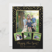 明けましておめでとうの黒及び金ゴールドの紙吹雪の写真のコラージュ シーズンカード (正面)