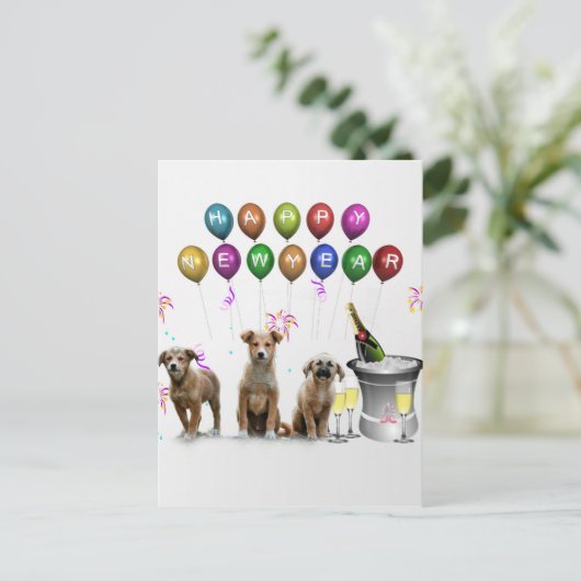 明けましておめでとう2016年を望んでいるかわいい3匹の犬 シーズンポストカード (スタンド正面)