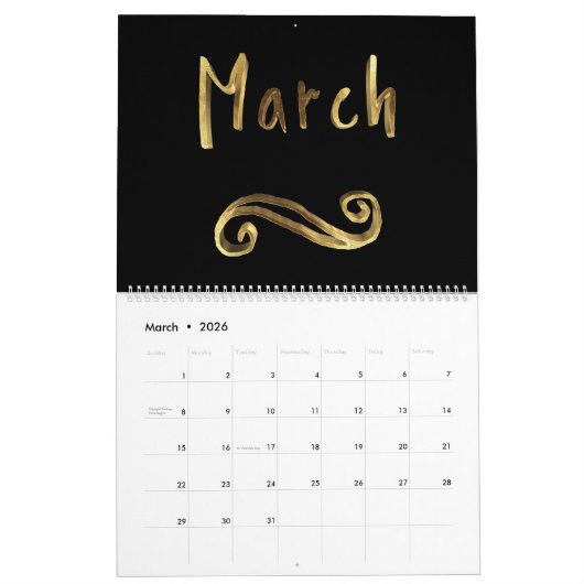 明けましておめでとう2018年のエレガントで黒い金ゴールドのタイポグラフィ カレンダー (3月 2026)