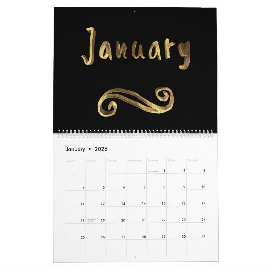 明けましておめでとう2018年のエレガントで黒い金ゴールドのタイポグラフィ カレンダー (1月 2026)