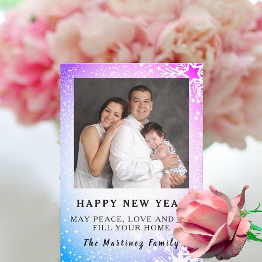 明けましておめでとう ブルー & パープル 雪景色 ファミリー シーズンカード