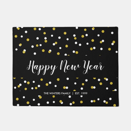 明けましておめでとう + 姓、金ゴールドの黒い紙吹雪 ドアマット (正面)