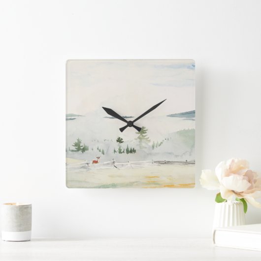 明け方の霞の水彩で鹿を描いた風景 スクエア壁時計 (ホーム)