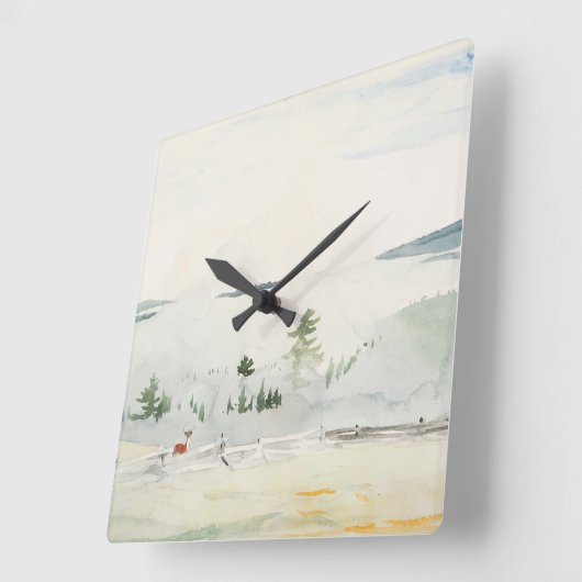 明け方の霞の水彩で鹿を描いた風景 スクエア壁時計 (傾斜)