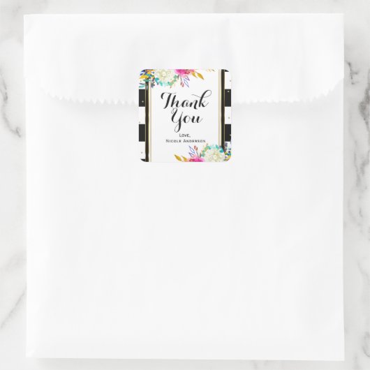 明はっきりしたるいカラフルフローラブラック&ホワイトストライプ スクエアシール (バッグ)