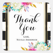 明はっきりしたるいカラフルフローラブラック&ホワイトストライプ スクエアシール (正面)