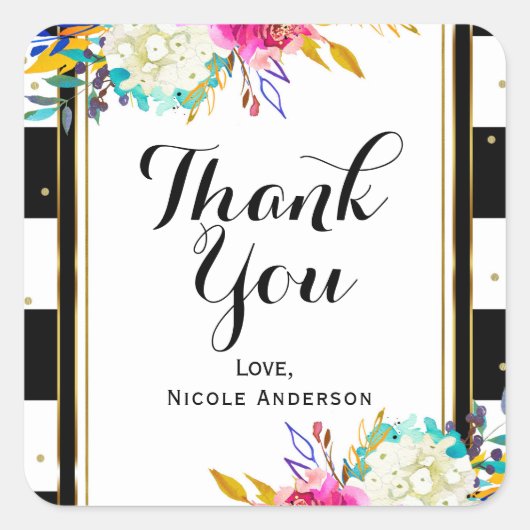 明はっきりしたるいカラフルフローラブラック&ホワイトストライプ スクエアシール (正面)