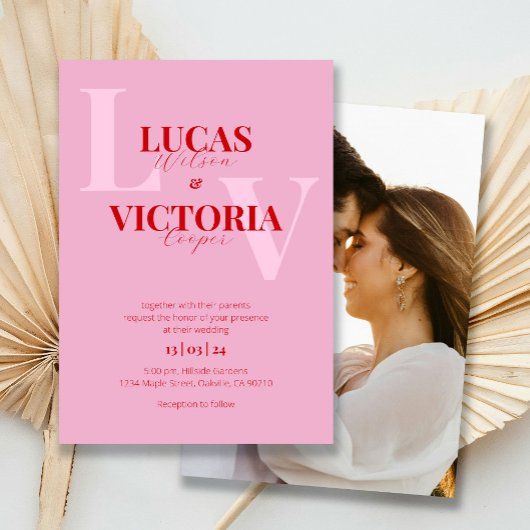 明はっきりしたるいピンクと赤の結婚写真 招待状